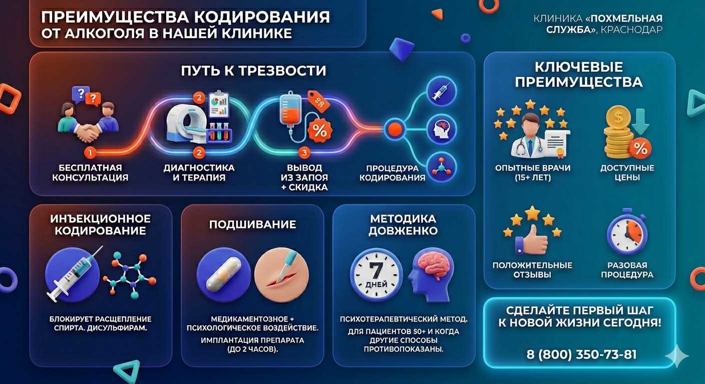Инфографика о методах кодирования от алкоголя в Пологах: инъекции, подшивание, метод Довженко. Преимущества клиники и этапы лечения.