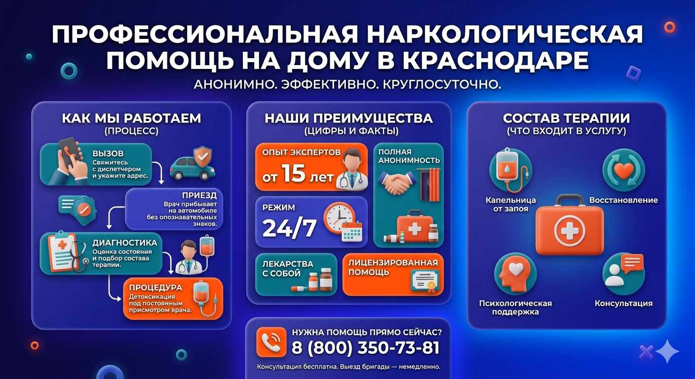 Инфографика о принципах лечения алкоголизма на дому в Пологах: этапы вызова нарколога, преимущества анонимной детоксикации и состав медицинской помощи.